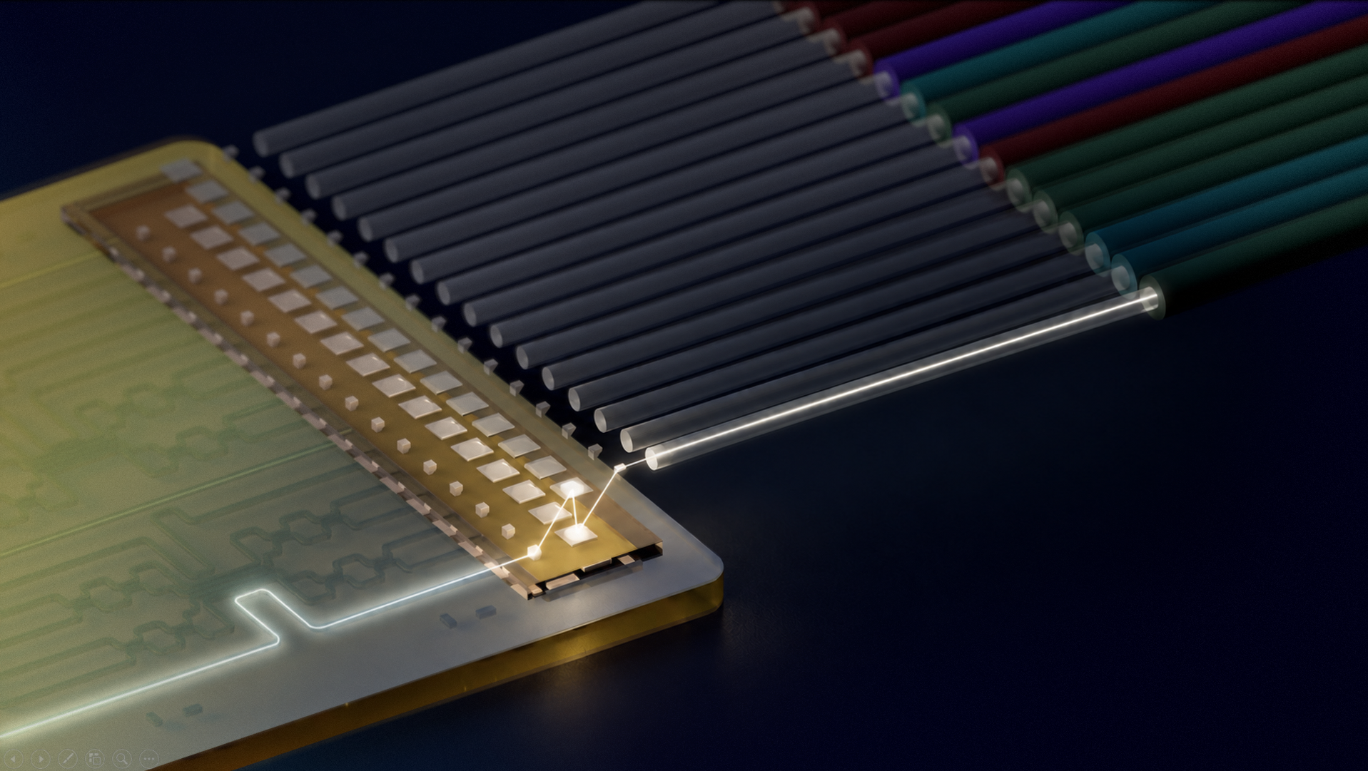 Illustration of parallel optical fibers aligned with contacts at the edge of a chip, with one connection illuminated.