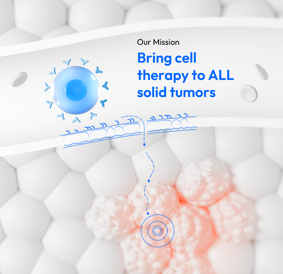 Cell therapy mission diagram linking a blue cell and its receptor to a pink solid tumor.