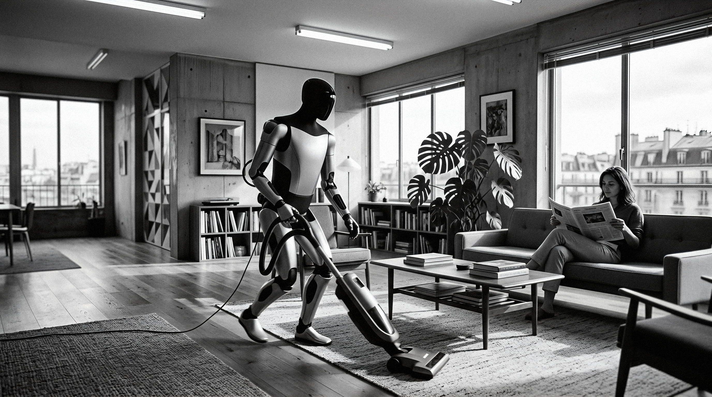 A humanoid robot vacuums a modern living room while a woman reads on a sofa. Large windows, bookshelves, and potted plants fill the bright interior.